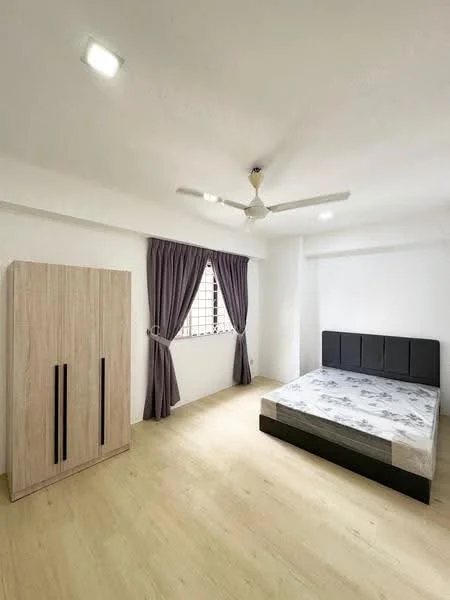 Bedroom features: queen-size bed, upholstered headboard, wooden wardrobe with two doors, floor-to-ceiling window, sheer curtains, 5-blade ceiling fan with light, light-colored laminate flooring, white painted walls, recessed ceiling lights; style: modern.