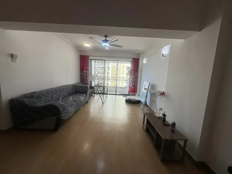 Living features: 3-seater fabric sofa in grey, ceiling fan with light, wooden flooring, floor-to-ceiling windows, sheer curtains, TV console, wall-mounted TV, decorative wall sconce, coffee table, area rug; style: modern; view: city.
