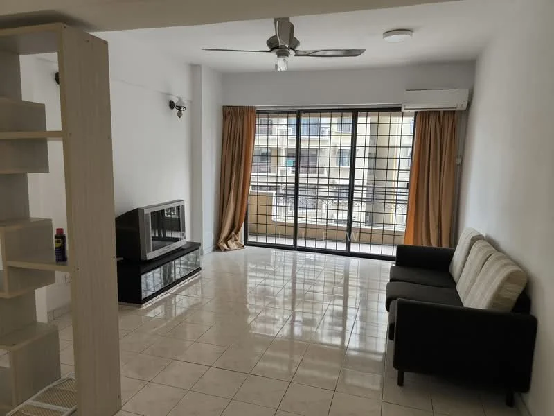 Living features: white painted walls, glossy tile flooring, 5-blade ceiling fan with light, sliding glass door, floor-to-ceiling windows, curtains in beige, black TV console, black 3-seater sofa, beige 2-seater sofa, open shelving unit, air conditioning unit; style: modern; view: city.