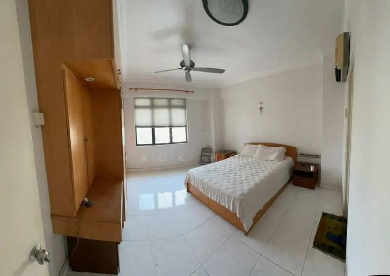 Bedroom features: king-size bed, white bedding, wooden bed frame, 2 bedside tables, table lamp on bedside table, built-in wardrobe with mirror, ceiling fan with light, white painted walls, glossy tile flooring, window with sheer curtains, desk with chair, air conditioning unit; style: minimalist.