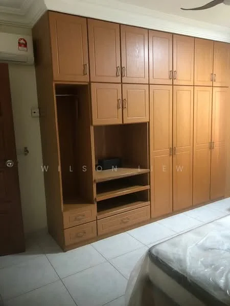 Room features: built-in wooden wardrobe with multiple doors, wooden cabinetry with drawers, open shelving unit, light-colored tiled flooring, ceiling fan, neutral wall color, door to adjacent room, power outlet on the wall; style: modern.