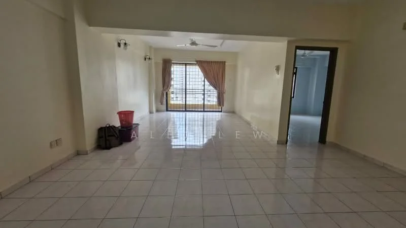 Living features: white painted walls, glossy ceramic tile flooring, 5-blade ceiling fan, large sliding glass door, curtains, natural light from windows, empty space, two wall sconces; view: city.