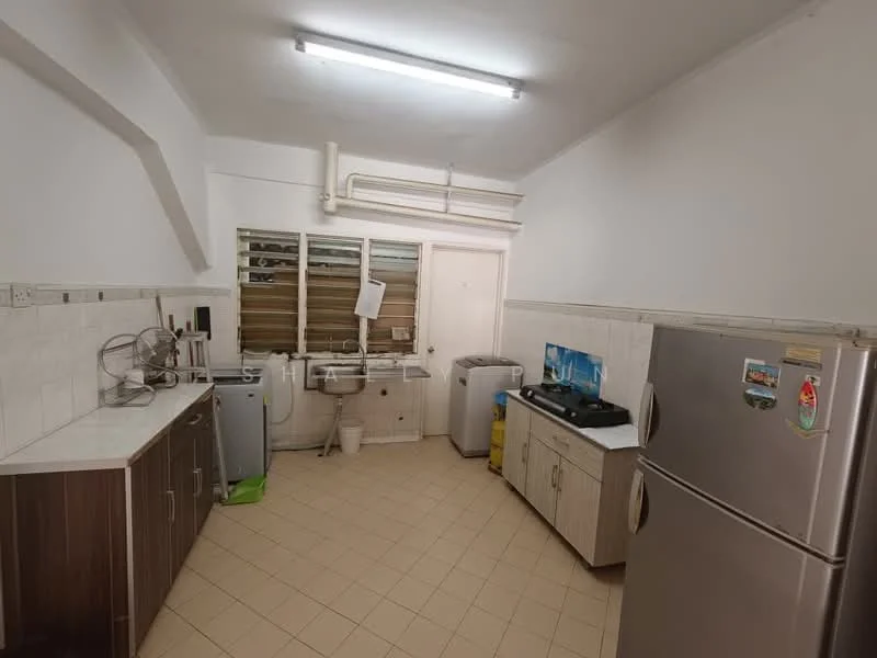 Kitchen features: white tiled walls, cream tiled flooring, laminate cabinetry in light wood, stainless-steel fridge, built-in gas stove, exhaust hood, double-bowl stainless-steel sink, window with horizontal slats, washing machine, countertop with space for appliances, wall-mounted shelves; style: modern.
