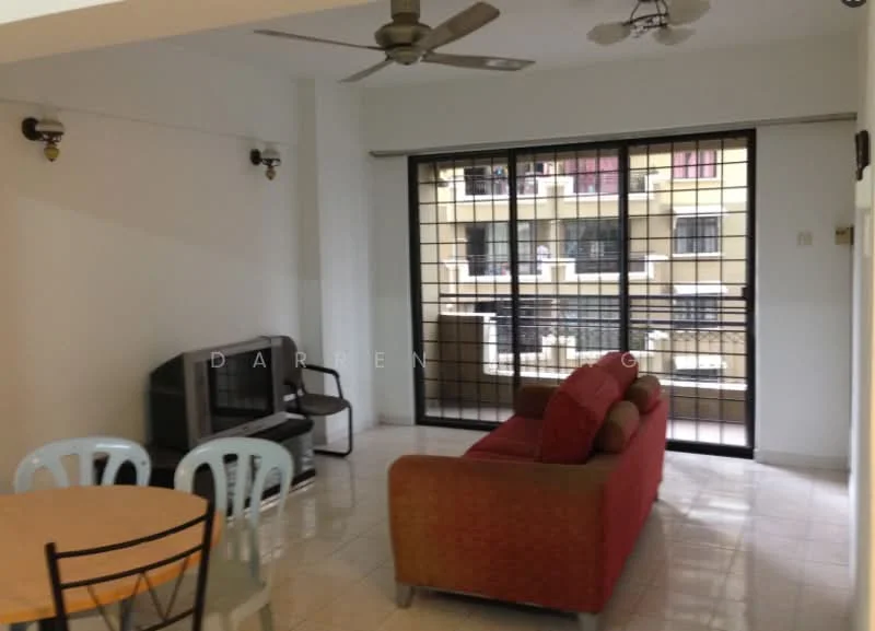 Living features: red fabric sofa, 2-seater sofa, 3-seater sofa, round dining table, 4 dining chairs, ceiling fan, wall-mounted light fixtures, large sliding glass door, black metal grille, white painted walls, glossy tile flooring; style: modern.