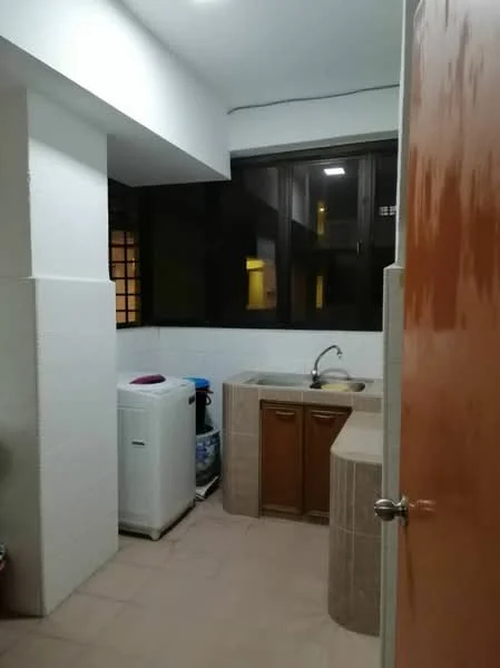 Laundry features: single-bowl stainless-steel sink, chrome pull-down faucet, white washing machine, wood cabinetry, tile backsplash, light-colored tile flooring, large window with black frames, exposed concrete wall, white painted walls; style: modern.