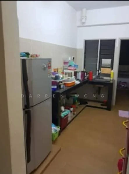 Kitchen features: stainless-steel fridge, black countertop, black kitchen cabinets, white tiled walls, brown tiled flooring, sink, kitchen utensils, colorful storage containers, window with grilles, open layout.