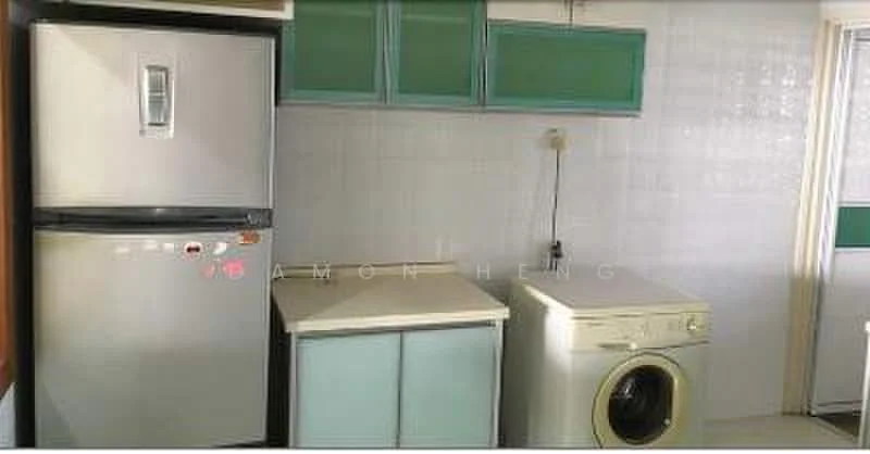 Kitchen features: stainless-steel fridge, front-load washing machine, white countertop, green cabinetry, white tiled walls, ceramic tile flooring, single-basin sink, wall-mounted faucet.