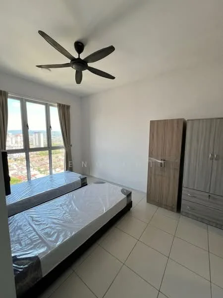 Bedroom features: two single beds with mattresses, ceiling fan, floor-to-ceiling windows, curtains, light-colored walls, white tiled flooring, built-in wardrobe, chest of drawers; style: modern; view: city.