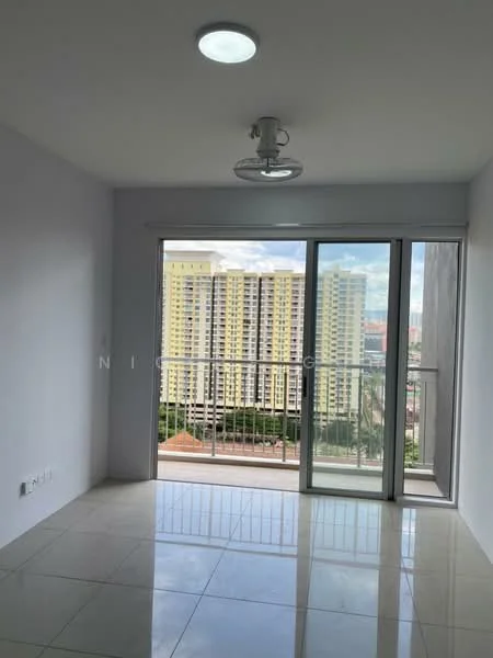 Living features: white painted walls, glossy ceramic tile flooring, sliding glass door, floor-to-ceiling windows, recessed ceiling lights, balcony view, city skyline view; style: modern; view: city.