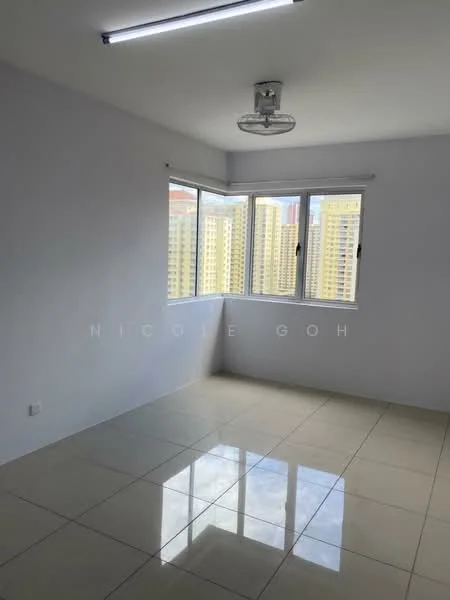 Room features: white painted walls, glossy ceramic tile flooring, ceiling fan, floor-to-ceiling windows, city skyline view, natural light from windows, neutral color scheme, no visible furniture; style: modern; view: city.