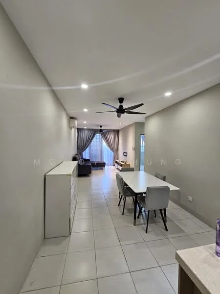 Living features: grey painted walls, white tiled flooring, 5-blade ceiling fan with light, dining table with 6 chairs, sofa in dark color, curtains in grey, TV console, wall-mounted TV, recessed lighting; style: modern.