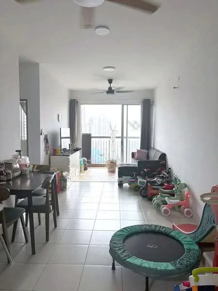 Living features: floor-to-ceiling windows, grey curtains, white painted walls, ceiling fan, light-colored tile flooring, sofa in dark color, dining table with chairs, trampoline, children's toys, decorative plant, TV console, open layout; style: modern; view: city.