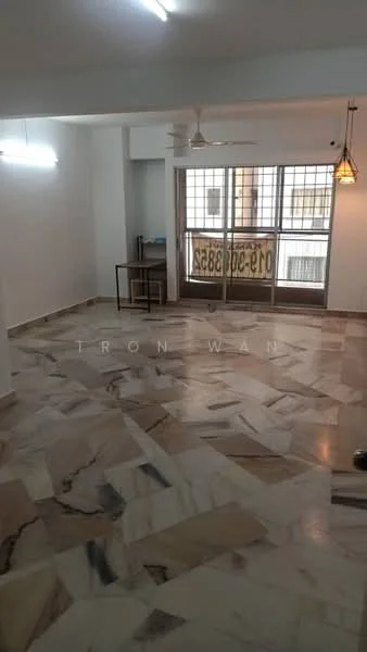 Living features: marble flooring, white painted walls, ceiling fan, hanging pendant light, large windows, window treatments, open layout, dining table, decorative wall, signage visible; style: modern.