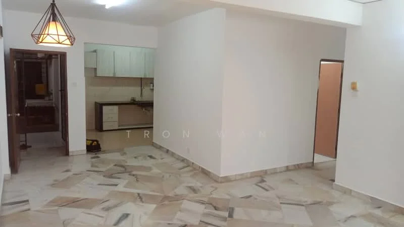 Room features: marble flooring, white painted walls, recessed ceiling lights, pendant light fixture, open layout, kitchen area visible in background, doorway leading to another room, neutral color palette; style: modern.