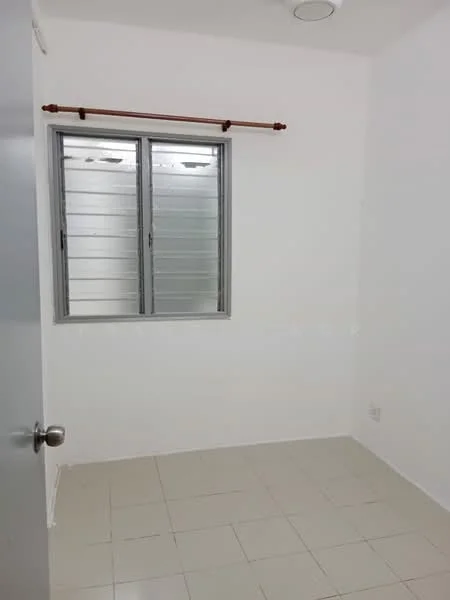Room features: white painted walls, tile flooring, sliding window with metal frame, window treatments, ceiling light fixture, door with metal handle.