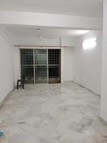 Living features: white painted walls, marble flooring, ceiling fan, sliding glass door, floor-to-ceiling windows, natural light, neutral color scheme, no visible furniture; style: modern.