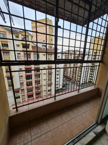 Balcony features: tiled flooring, metal railing, grid pattern security bars, city view, attached to living room, overlooking other buildings, sheltered roof, sufficient space for outdoor furniture; view: city.