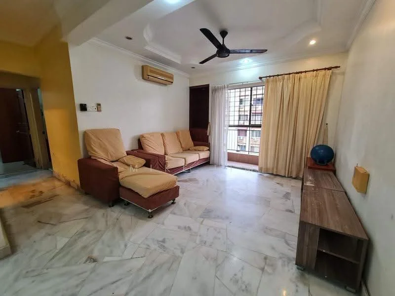Living features: marble flooring, white painted walls, tray ceiling, 5-blade ceiling fan, sofa with beige upholstery, wooden TV console, curtains, floor-to-ceiling windows, natural light from window; style: modern.