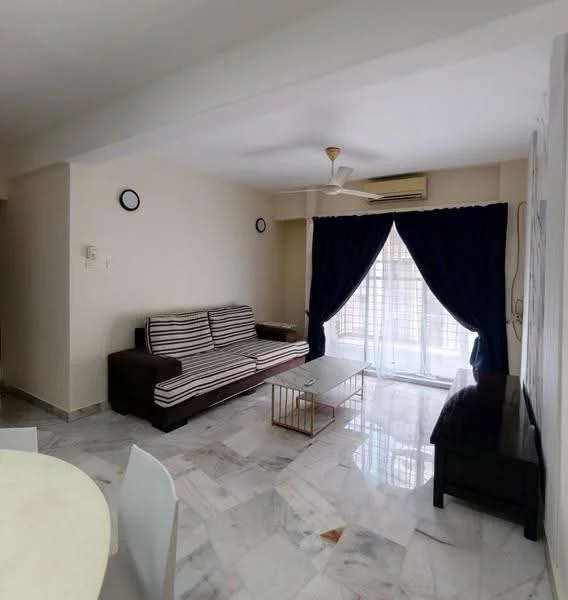Living features: 3-seater fabric sofa with striped pattern, marble flooring, ceiling fan, floor-to-ceiling windows, blackout curtains, glass coffee table, dark wooden TV console, wall-mounted light fixtures, neutral painted walls; style: modern.