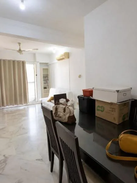 Dining features: marble flooring, white painted walls, 5-blade ceiling fan, dining table with dark wood finish, upholstered dining chairs, large sliding glass door, curtains, air conditioning unit, decorative items on table; style: modern. Living features: sofa, light-colored walls, natural light from sliding glass door; style: modern.