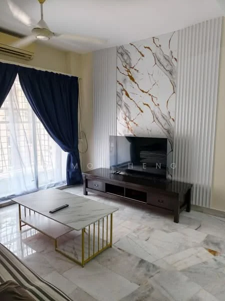 Living features: marble flooring, white walls, feature wall with marble pattern, recessed downlights, 5-blade ceiling fan, floor-to-ceiling windows, sheer curtains, blackout curtains, TV console, wall-mounted TV, coffee table with gold frame, sofa with striped upholstery; style: modern.