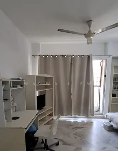 Room features: white painted walls, marble tile flooring, 5-blade ceiling fan, curtains, desk with chair, computer monitor, built-in shelving unit, sliding glass door; style: modern.
