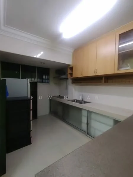 Kitchen features: laminate countertop, wood cabinetry, single-bowl stainless-steel sink, chrome pull-down faucet, glass-front upper cabinets, built-in shelving, white tiled backsplash, ceramic tile flooring, recessed downlights, wall-mounted cabinets; style: modern.