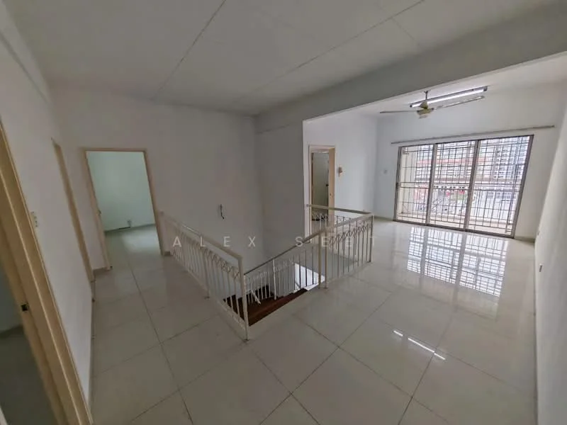 Room features: white painted walls, white ceiling, marble tile flooring, ceiling fan, balcony with sliding glass doors, railings, large windows, natural light; style: modern; view: city.