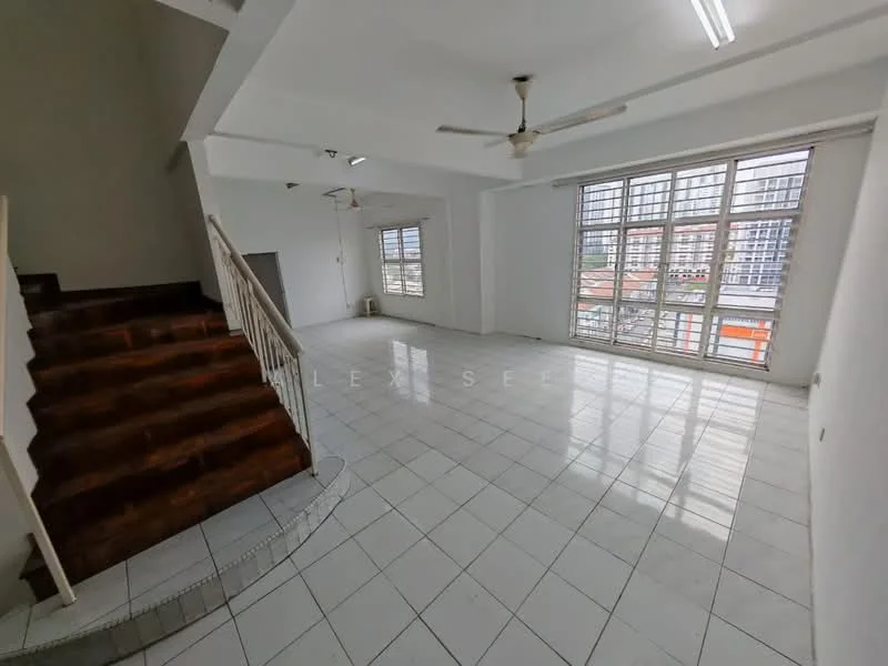 Living features: white painted walls, white tiled flooring, 5-blade ceiling fan, large windows with grid pattern, staircase with wooden steps, natural light from windows, open layout, no visible furniture; style: modern; view: city.