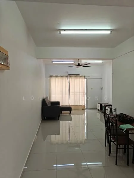 Living features: white painted walls, glossy ceramic tile flooring, 5-blade ceiling fan with light, sofa in black, dining table with chairs, curtains, sliding glass door, natural light from windows; style: modern.