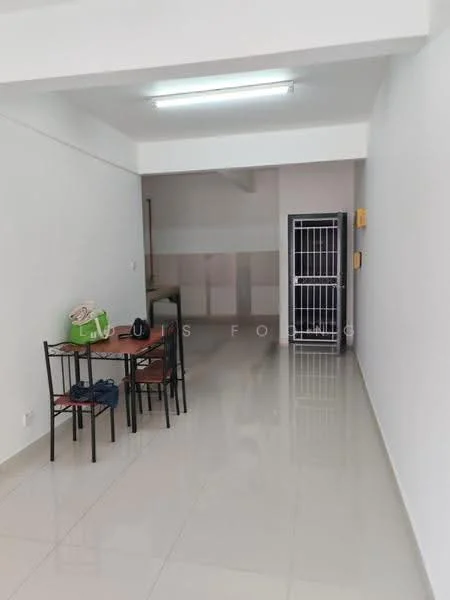 Room features: white painted walls, glossy tile flooring, fluorescent ceiling lights, dining table with chairs, metal grill door, open space layout, no visible decor, neutral color scheme; style: modern.