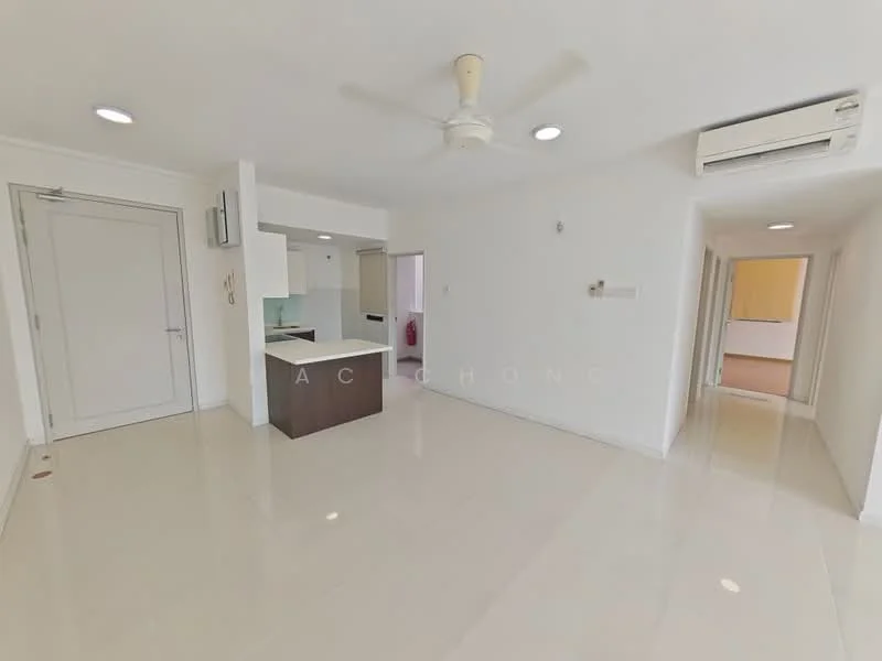 Living features: white painted walls, glossy ceramic tile flooring, 5-blade ceiling fan with light, recessed downlights, wall-mounted split AC, open layout, kitchen island with bar seating, door leading to hallway, door leading to other rooms; style: modern.