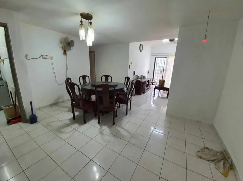 Dining features: dining table with 6 chairs, white painted walls, ceramic tile flooring, ceiling light fixture, wall-mounted fan, window with natural light, open layout to living area, decorative wall clock. Living features: sofa, coffee table, TV console, natural light from window, open layout to dining area.