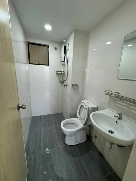 Bathroom features: white tiled walls, grey ceramic tile flooring, one-piece toilet, wall-mounted basin, chrome basin mixer faucet, mirror above basin, shower with handheld showerhead, shower wall with tiles, window for natural light, light fixtures in ceiling; style: modern.