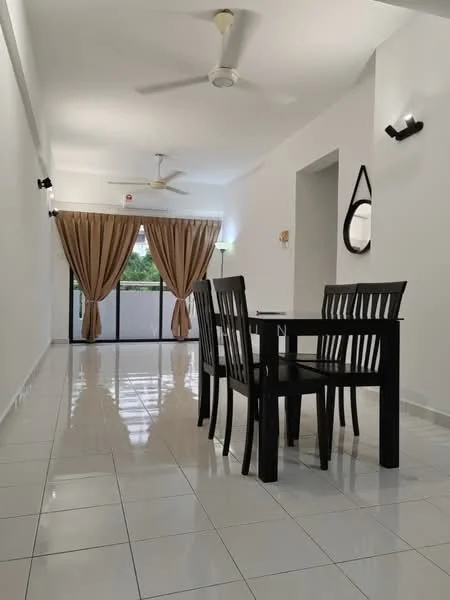 Dining features: black dining table, 4 black dining chairs, white tiled flooring, ceiling fan, wall-mounted sconce lighting, curtains in beige, large sliding glass door, mirror on wall; style: modern; view: garden. Room features: white painted walls, natural light from sliding door.