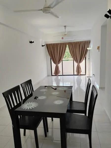 Dining features: white painted walls, glossy white tile flooring, 5-blade ceiling fan, dining table with floral design, 4 black dining chairs, floor-to-ceiling windows, sheer curtains, curtains in beige, wall-mounted sconce lighting; style: modern; view: garden.