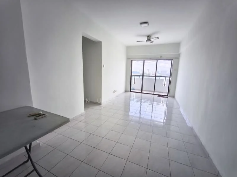 Room features: white painted walls, glossy ceramic tile flooring, ceiling fan, sliding glass door, floor-to-ceiling windows, natural light, neutral color scheme, open layout; style: modern; view: city.