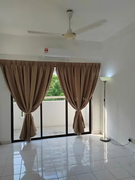 Room features: white painted walls, white tiled flooring, 5-blade ceiling fan, curtains in beige, floor-to-ceiling windows, sliding glass door, lamp with white shade, balcony view; style: modern; view: garden.