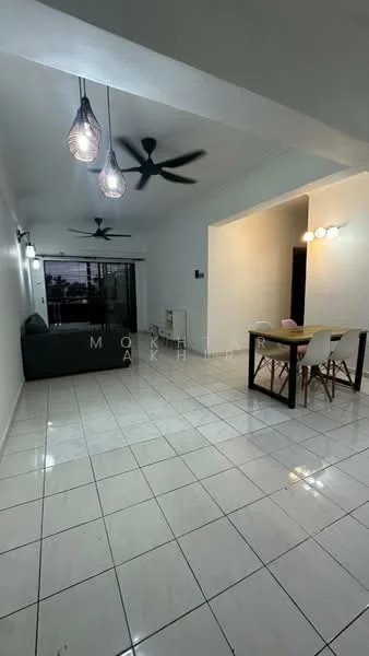 Living features: white painted walls, glossy white tile flooring, 5-blade ceiling fan with light, 2 ceiling-mounted pendant lights, sofa in dark grey, dining table with 4 chairs, floor-to-ceiling windows, curtains, air conditioning unit; style: modern; view: city.