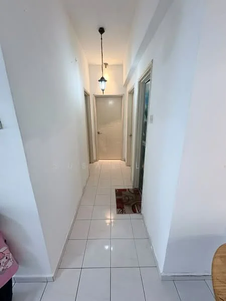 Hallway features: white painted walls, white tiled flooring, pendant light fixture, two doors visible, decorative rug, neutral color scheme; style: modern.