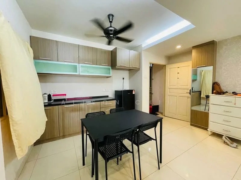Kitchen features: brown wooden cabinetry, white countertop, black dining table with four chairs, ceiling fan, tile flooring, built-in wardrobe, mirror on wardrobe door, recessed lighting, kitchen sink, glass-front upper cabinets; style: modern.
