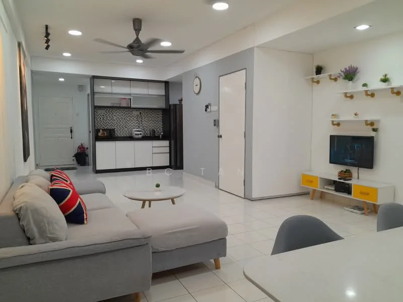 Living features: 3-seater fabric sofa in grey, coffee table, wall-mounted TV, white wall with decorative shelving, ceiling fan, recessed downlights, tile flooring, decorative wall clock, area rug, cushions with patterns, open-plan layout to kitchen, dining area visible; style: modern. Kitchen features: white cabinetry, black and white patterned backsplash, stainless-steel sink, built-in oven, freestanding range oven, microwave, countertop with storage, tile flooring; style: modern.
