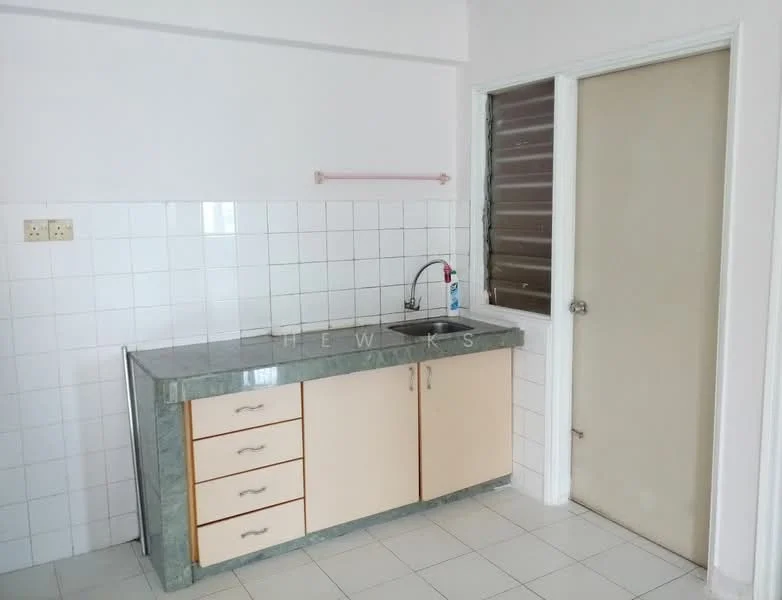 Kitchen features: single-bowl stainless-steel sink, chrome pull-down faucet, green marble countertop, light wood cabinetry with 4 drawers and 2 doors, white tiled backsplash, white tiled flooring, window with metal grilles, wall-mounted towel rack.