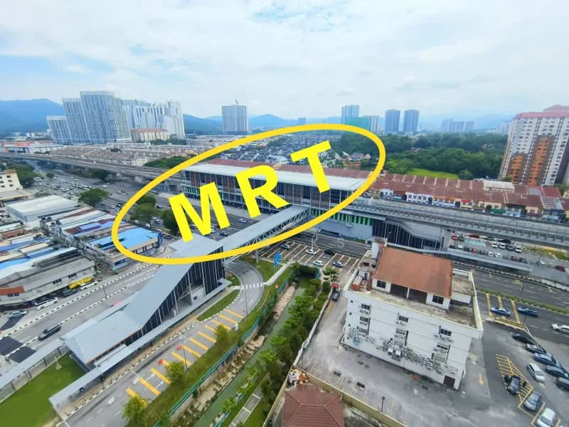 Exterior type: MRT station; features: modern architectural design, large glass facade, multiple levels, surrounding parking area, landscaped green spaces, adjacent roadways, urban context with high-rise buildings, visible train tracks, nearby residential buildings; style: modern.