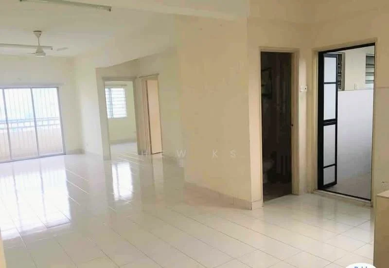 Room features: white painted walls, glossy white tile flooring, ceiling fan, large windows with horizontal bars, doorway leading to another room, doorway leading to a bathroom, natural light from windows, open layout; style: modern; view: city.