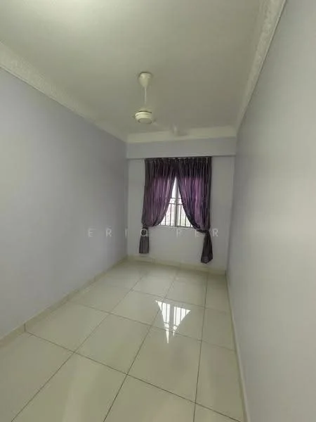Room features: light purple painted walls, white ceiling with crown moulding, floor-to-ceiling window, purple curtains, glossy white tile flooring, ceiling fan; style: modern.