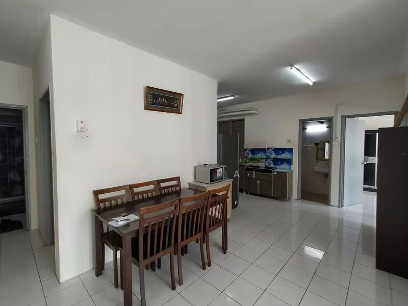 Dining features: dining table with 6 wooden chairs, white tiled flooring, white painted walls, ceiling lights, air conditioning unit on wall, microwave on countertop, kitchen cabinetry visible in background, doorway leading to another room; style: modern.