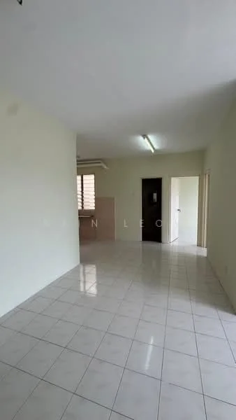 Room features: white painted walls, glossy ceramic tile flooring, fluorescent ceiling lights, doorway leading to another room, window with horizontal slats, open layout, neutral color scheme; style: modern.