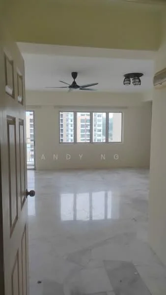 Living features: marble flooring, cream painted walls, 5-blade ceiling fan, recessed downlights, floor-to-ceiling windows, sliding glass door, window treatments not visible, air conditioning unit; style: modern; view: city.