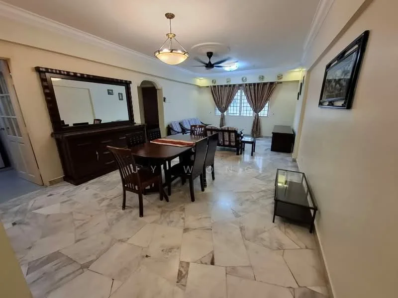 Living features: marble flooring, cream painted walls, tray ceiling with pendant light, 5-blade ceiling fan, large window with sheer curtains, brown wooden dining table with chairs, brown wooden sideboard, sofa with cushions, glass coffee table, decorative mirror, wall-mounted artwork; style: traditional.